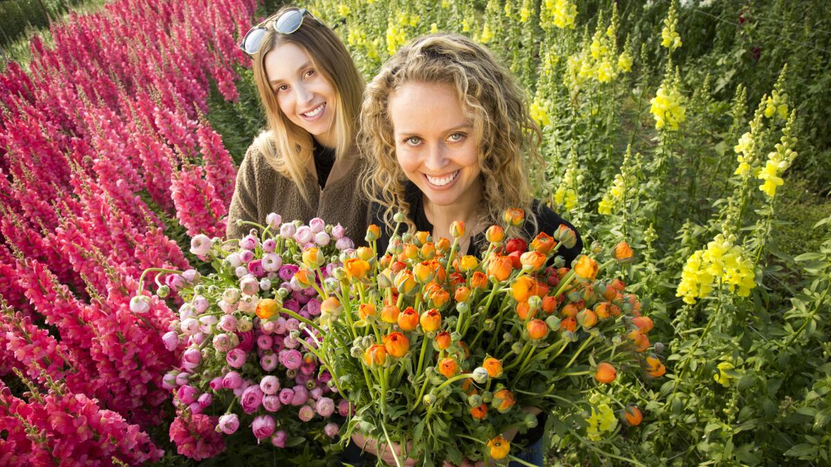 Bloom2Bloom partners Whitney Port, left, and Laurenne Resnik, at their Southern California supplier farm.