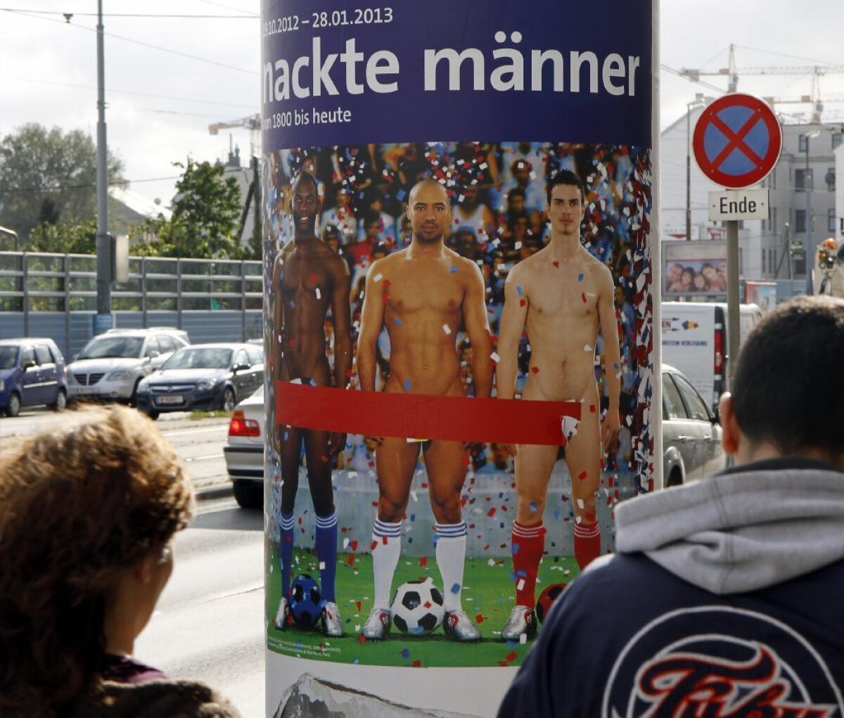 A poster in Vienna advertising for the exhibition "Nude Men" at the Leopold Museum. The show is dedicated to depictions of the male nude in art.