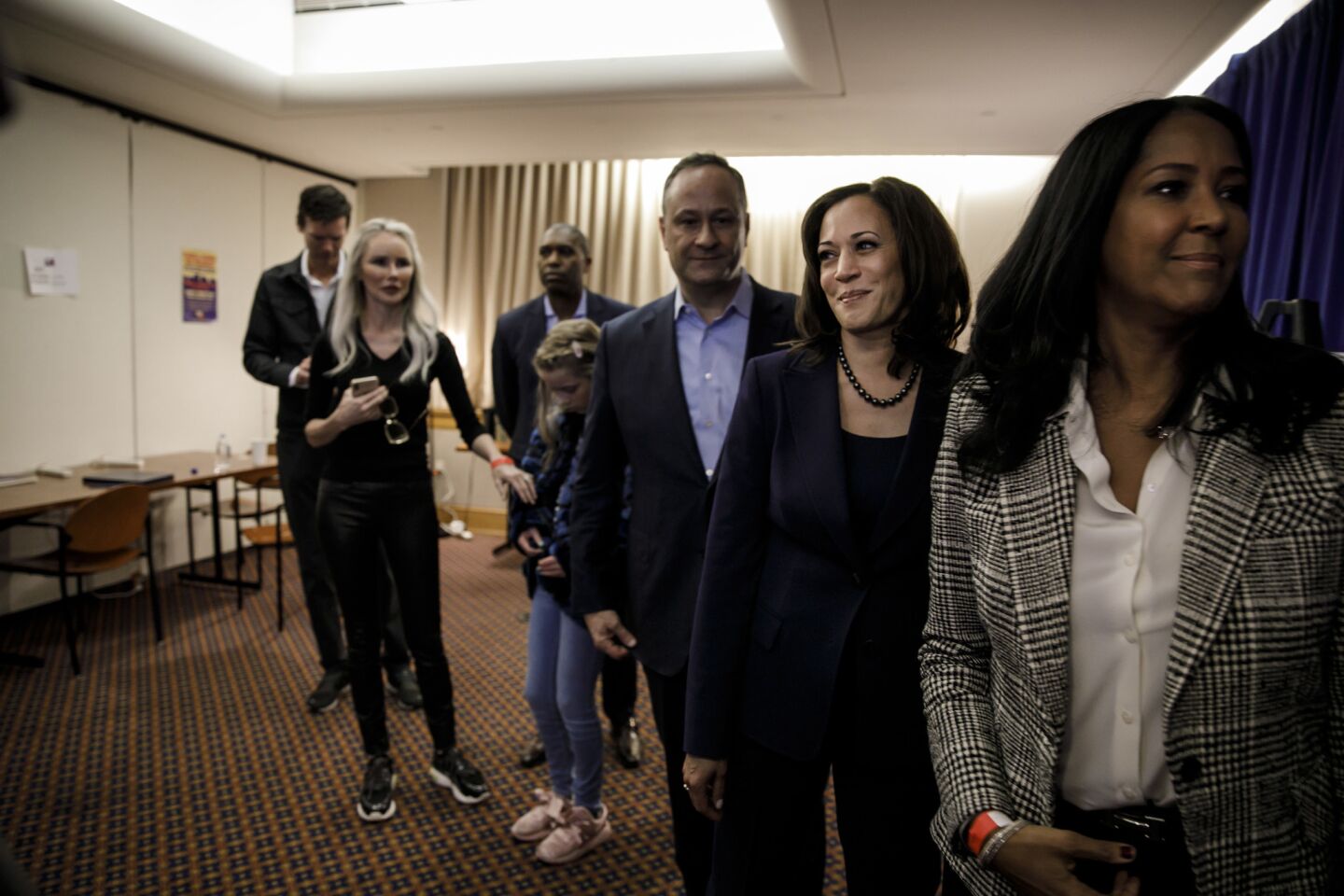 Sen. Kamala Harris waits backstage before making her appearance at a rally in Oakland.