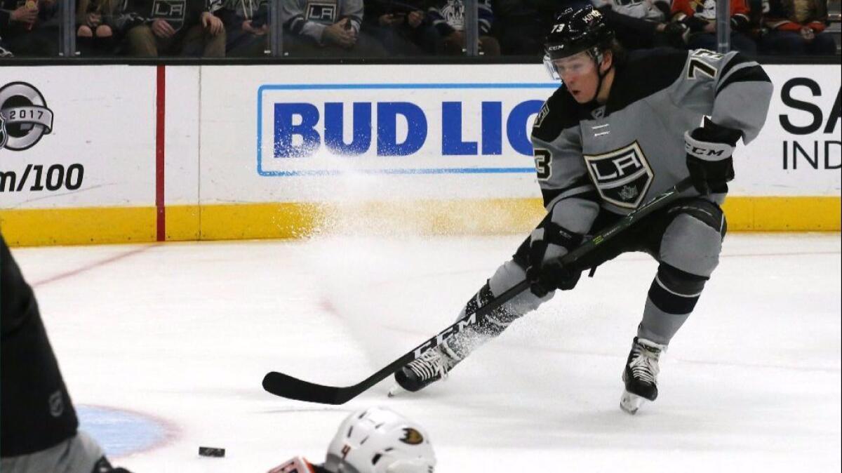 The Kings' Tyler Toffoli shoots and scores his second of two third-period goals against the Ducks on Feb. 25 at Staples Center.