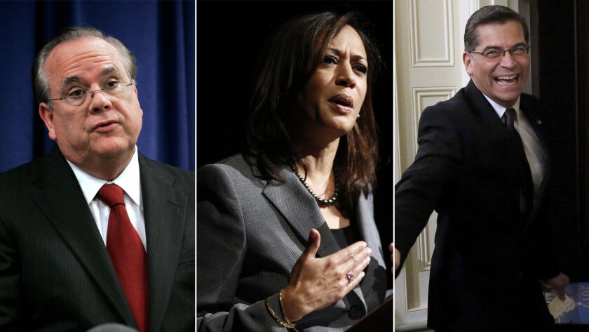 From left to right, former California attorneys general Bill Lockyer and Kamala Harris and current attorney general Xavier Becerra.