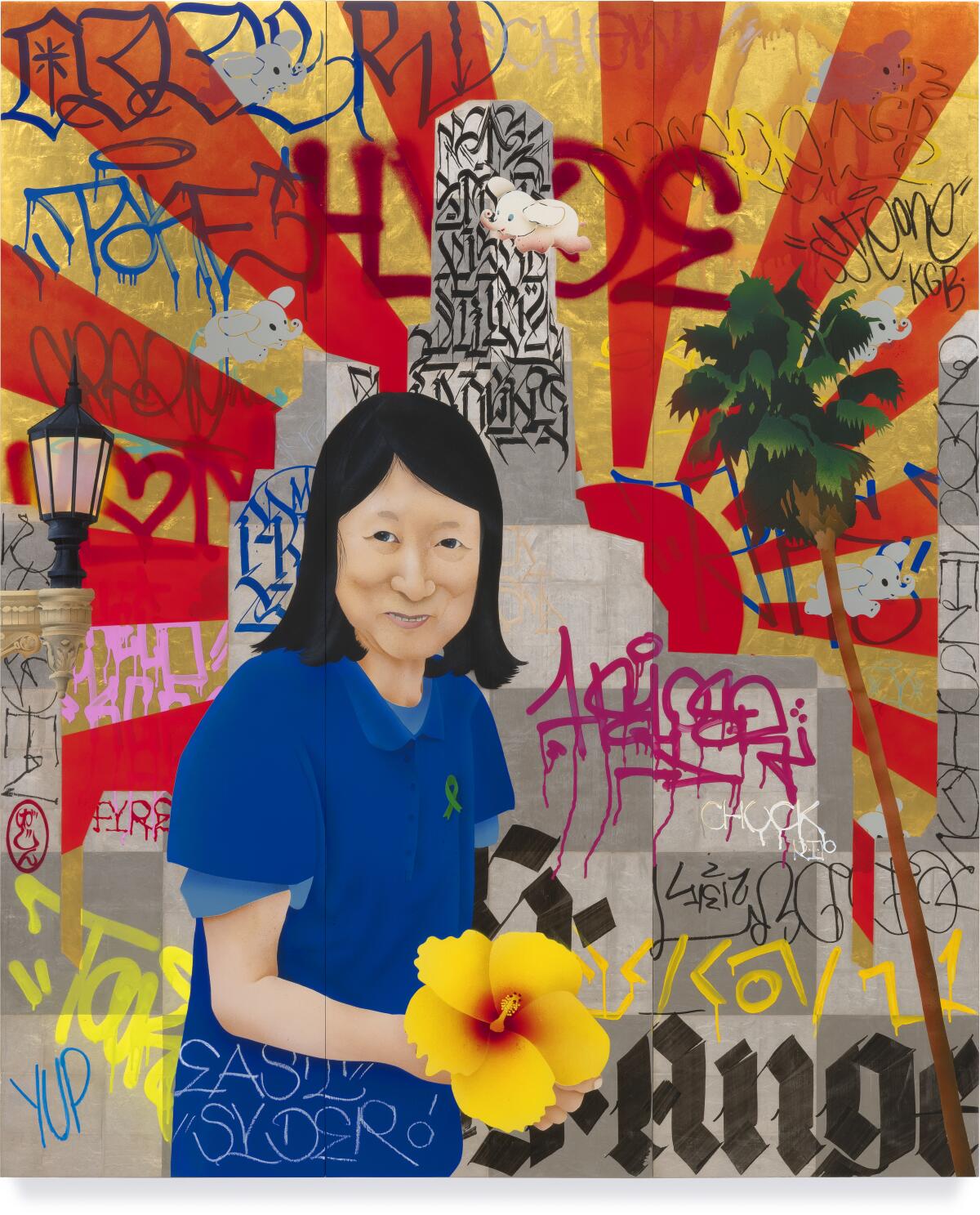 A painting shows a woman holding a yellow hibiscus.