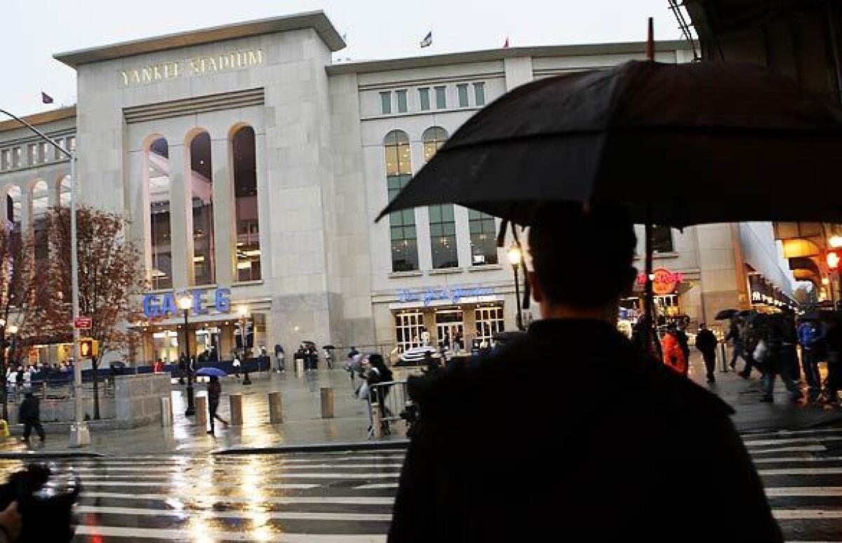 Rain, which has been falling off and on in New York City most of Saturday, forced the cancellation of Game 6 of the ALCS between the Angels and New York Yankees at Yankee Stadium.