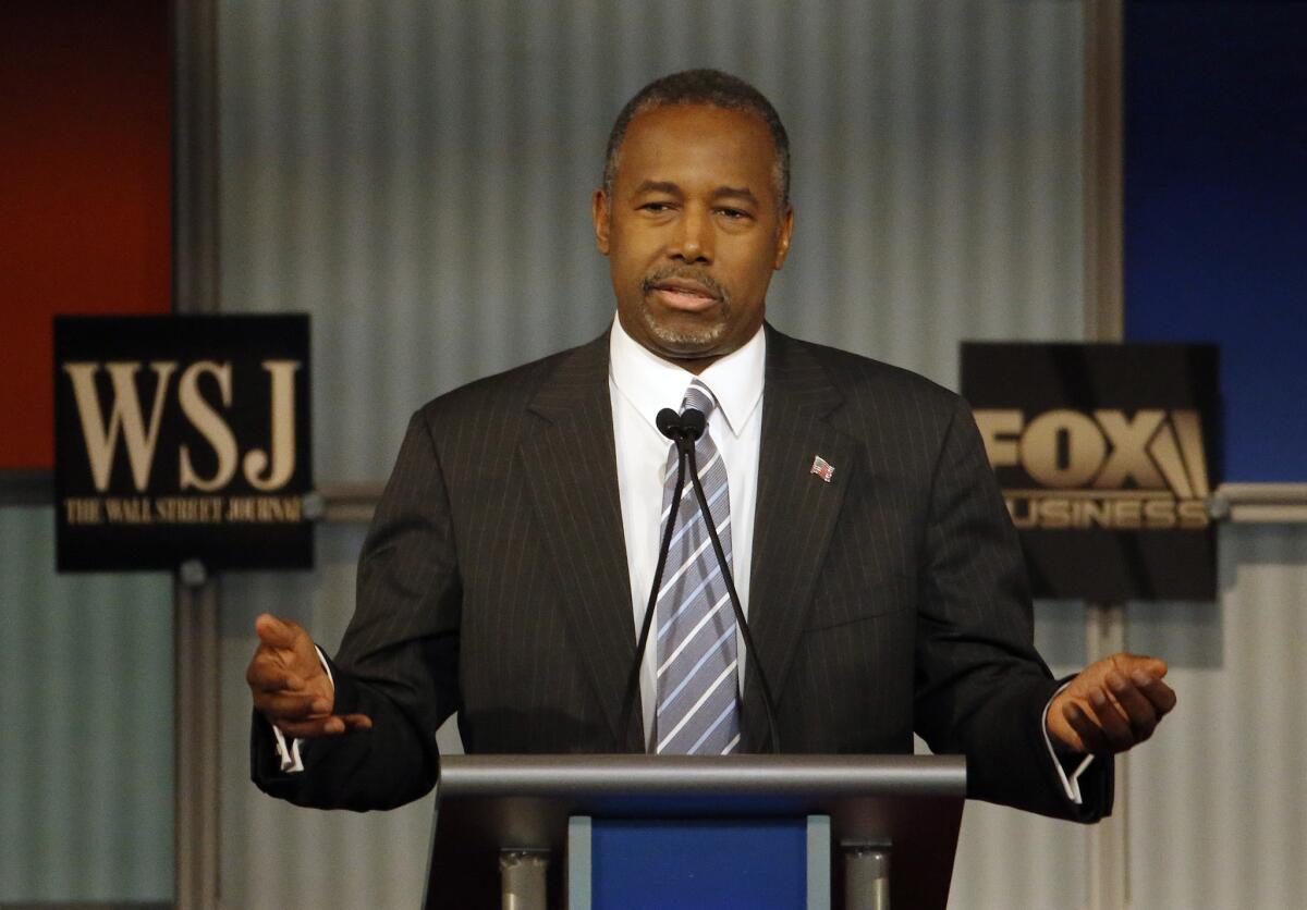 Ben Carson speaks during Republican presidential debate at Milwaukee Theatre, Tuesday, Nov. 10, 2015, in Milwaukee. (AP Photo/Morry Gash)