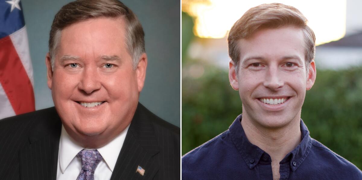 A portrait of a smiling man with graying hair in a suit and tie, left, and one of another man, also smiling, in a dark shirt 