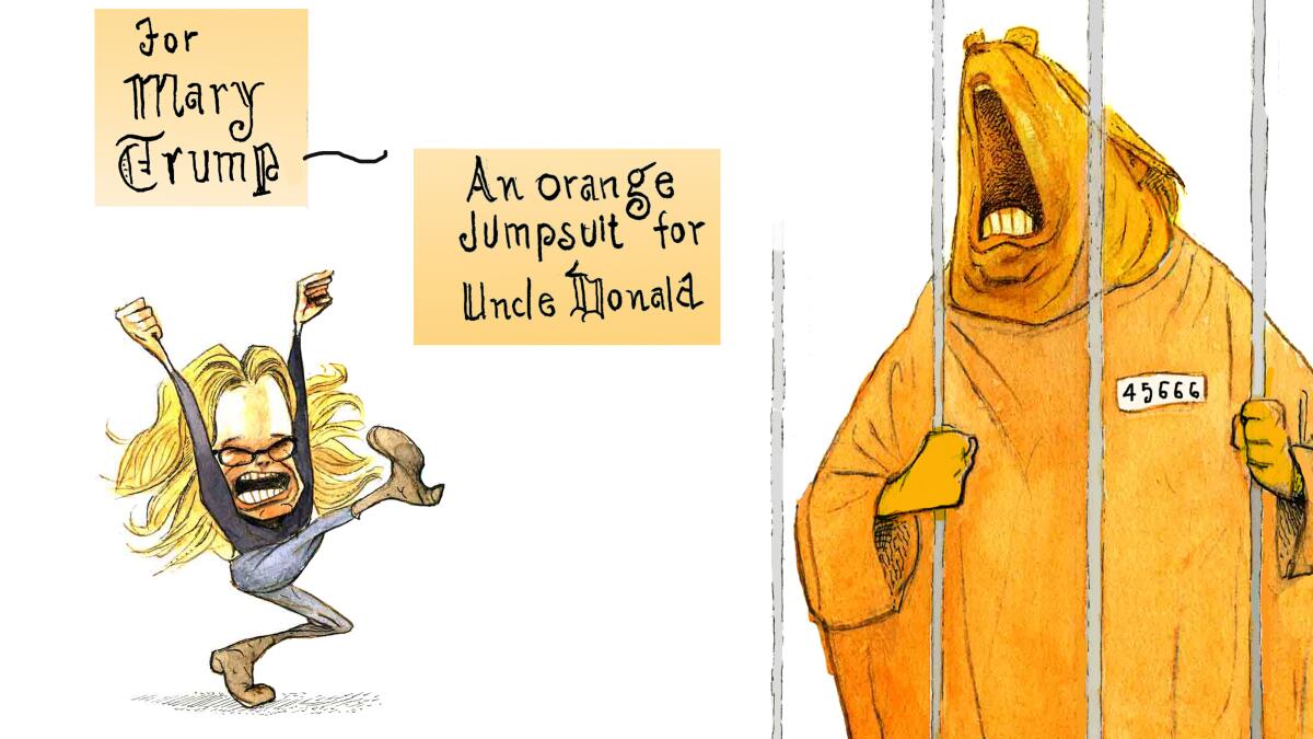 Illustration of Donald Trump behind bars next to Mary Trump with text "An orange jumpsuit for Uncle Donald"