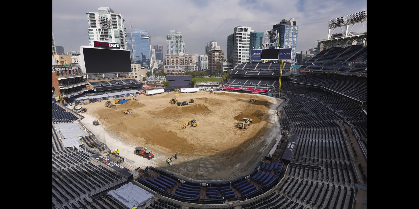 26 million pounds of dirt being dumped on the baseball field at Petco Park, is being turned into a racetrack for the Monster Energy Supercross, Saturday, February 2. Padres fans need not worry about the field. After the supercross is over, a new field will be installed, and ready for the 2019 season.