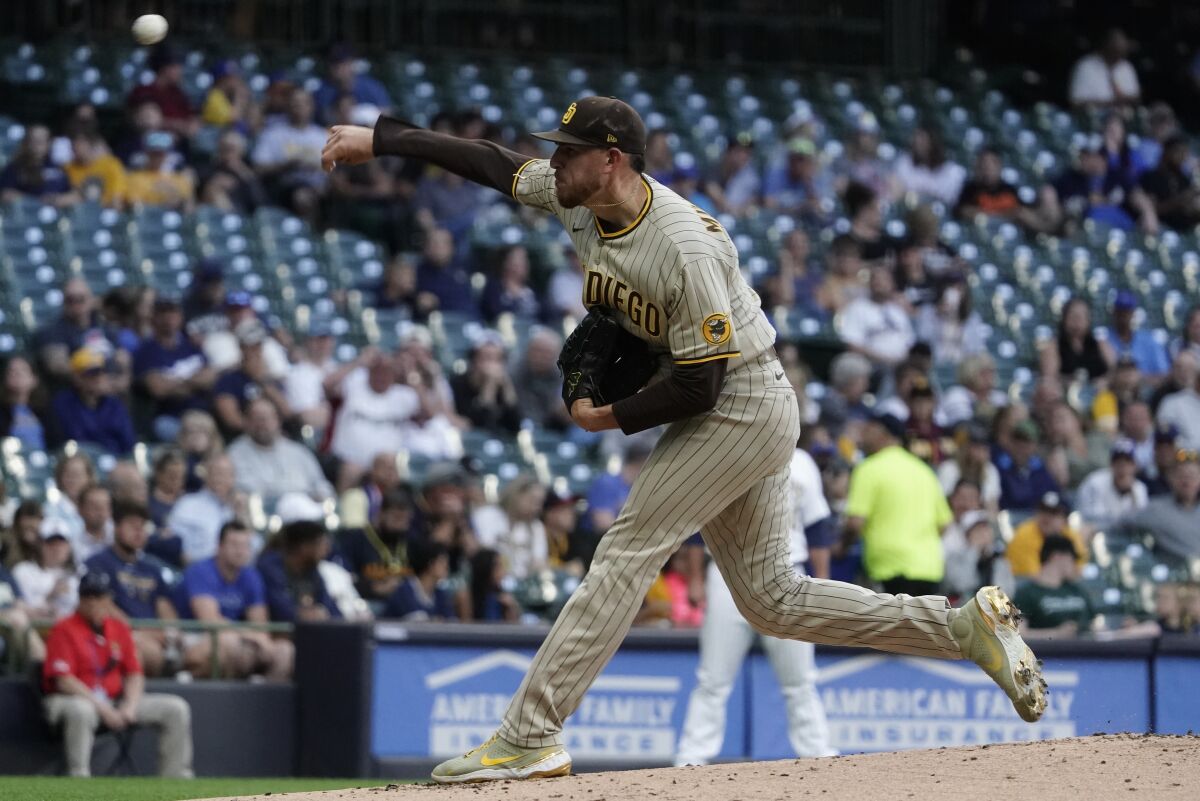 San Diego Padres starting pitcher Joe Musgrove throws during the second inning of a baseball game against the Milwaukee Brewers Friday, June 3, 2022, in Milwaukee. (AP Photo/Morry Gash)