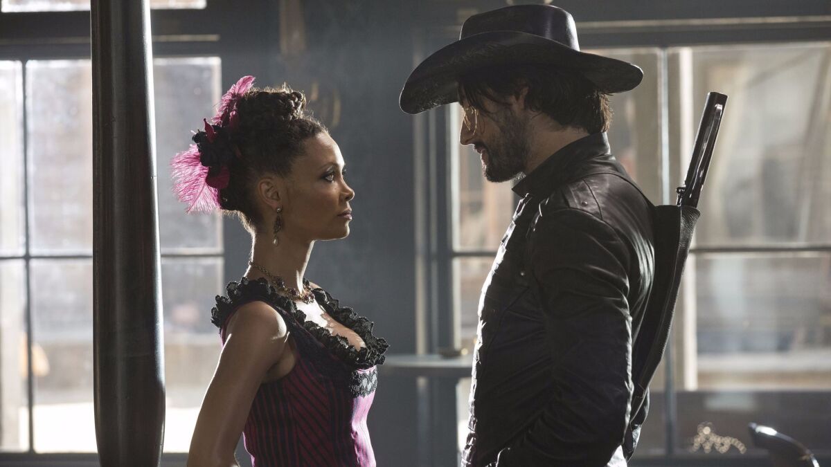 Thandie Newton as Maeve Milay and Rodrigo Santoro as Hector Escaton in a scene from HBO's "Westworld." (HBO)