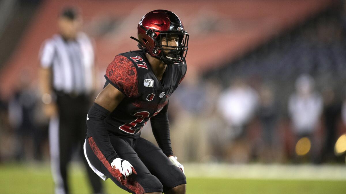San Diego State safety Kyree Woods during game against Utah State on Sept. 21, 2019.