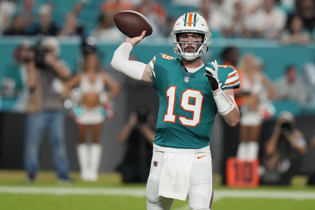 Dolphins quarterback Skylar Thompson (19) throws during the second half against the Bills.