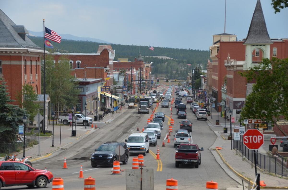 Traffic backs up during construction in Leadville, Colo., recently from the city's latest boom.