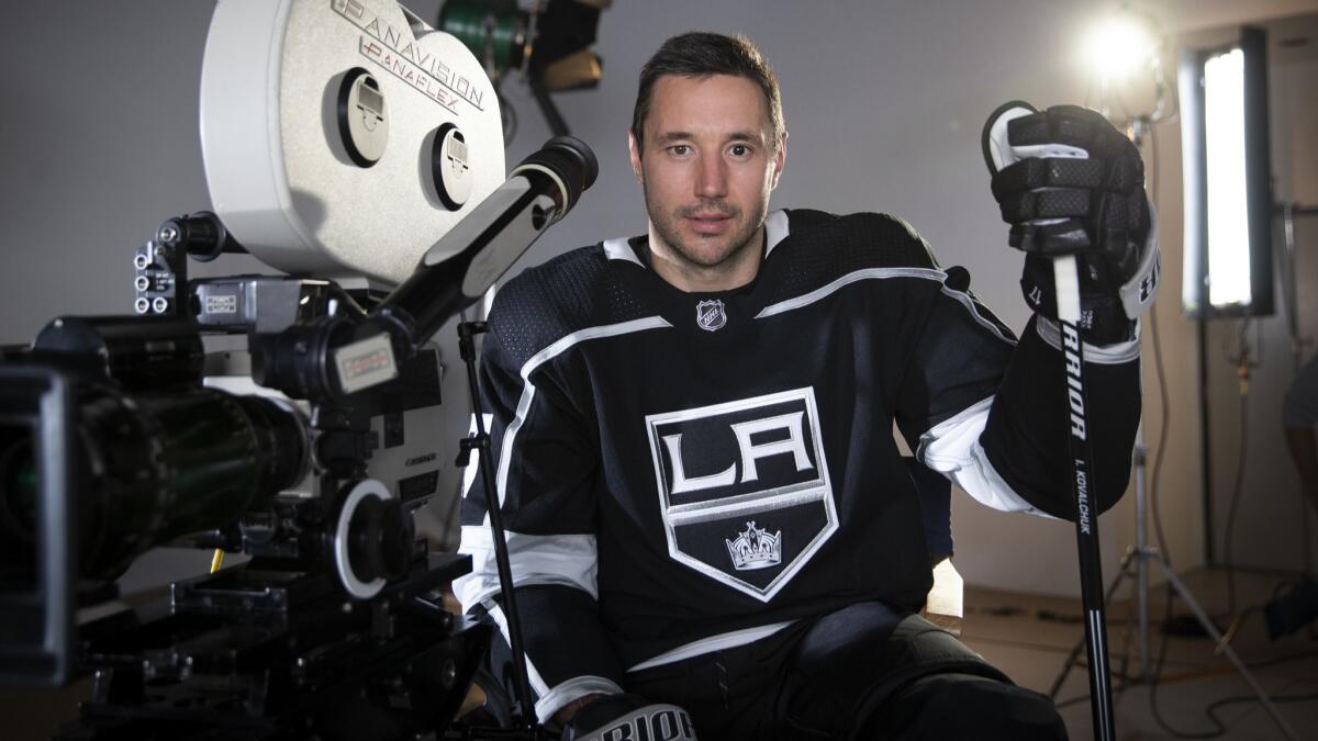 New Los Angeles Kings left winger Ilya Kovalchuk takes time to shoot a promotional video in Torrance.