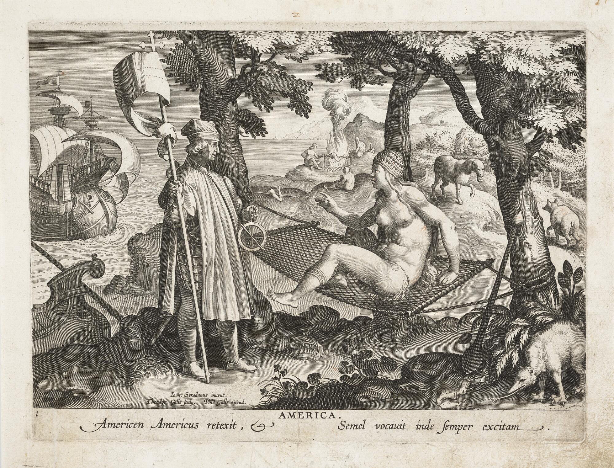 A 16th c. engraving shows an explorer standing over a nude Indigenous woman. In the distance, people roast body parts