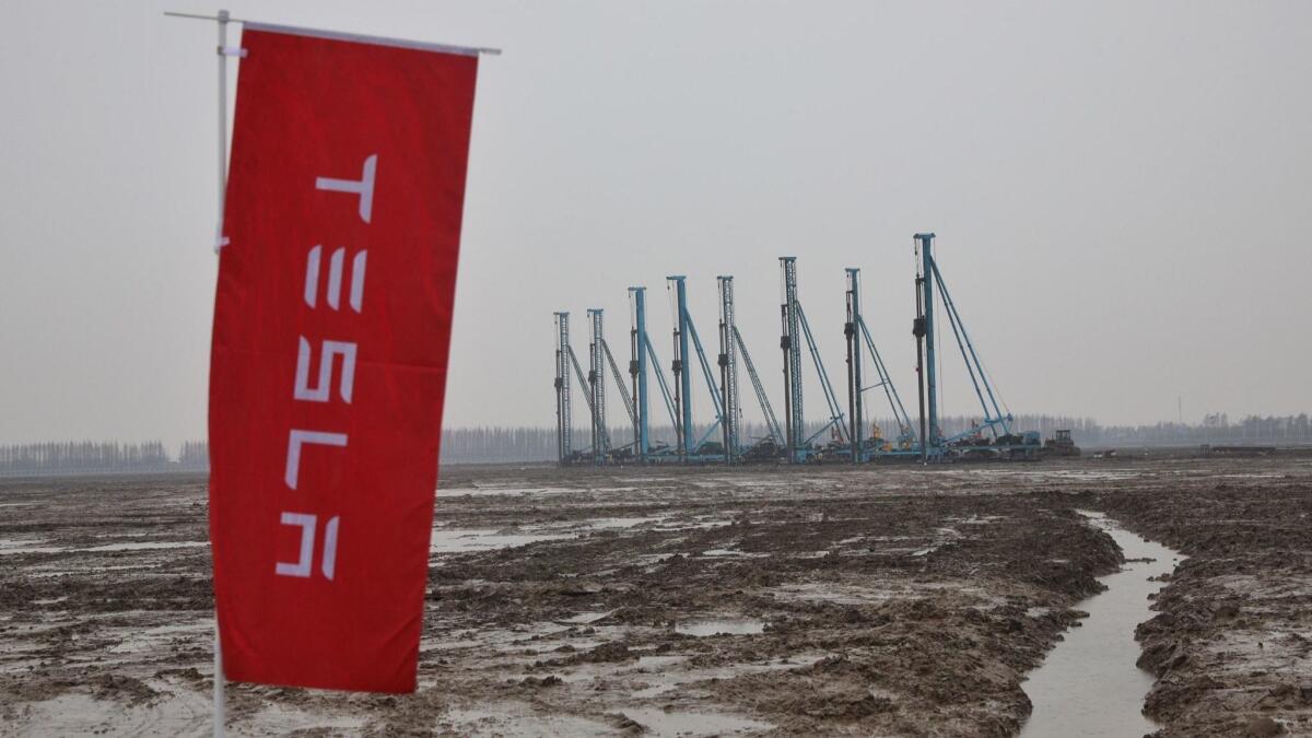 The construction site of Tesla's Shanghai factory during a ground-breaking ceremony.