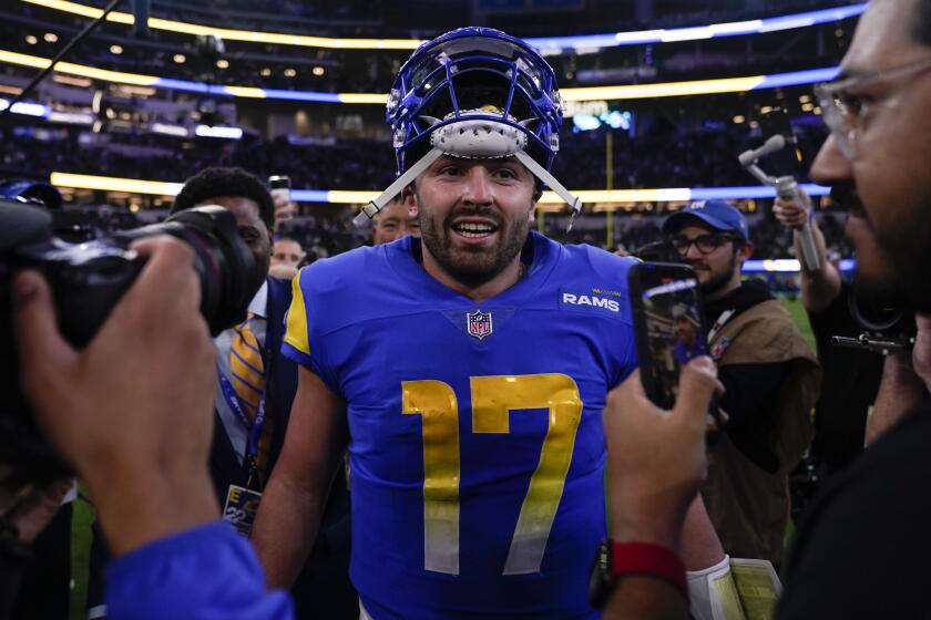 Los Angeles Rams quarterback Baker Mayfield reacts after the Rams defeated the Las Vegas Raiders