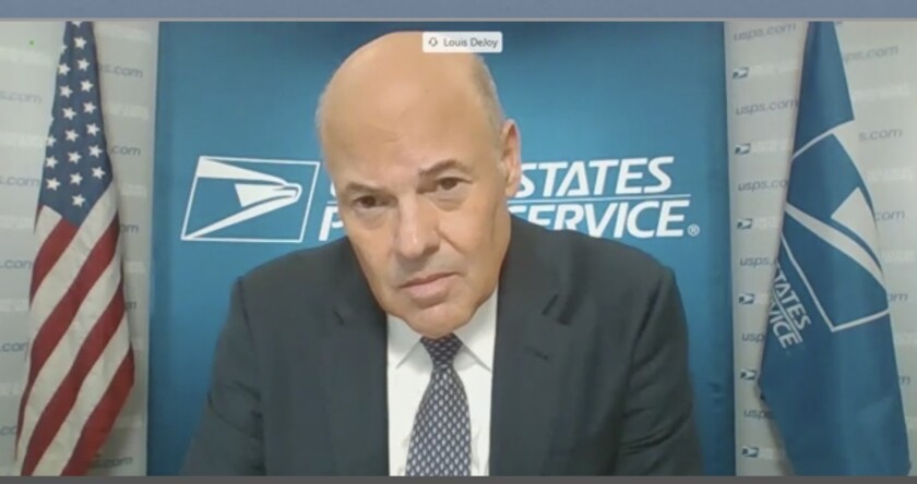 Postmaster Gen. Louis DeJoy is shown during his remote testimony Friday before the Senate Homeland Security Committee.