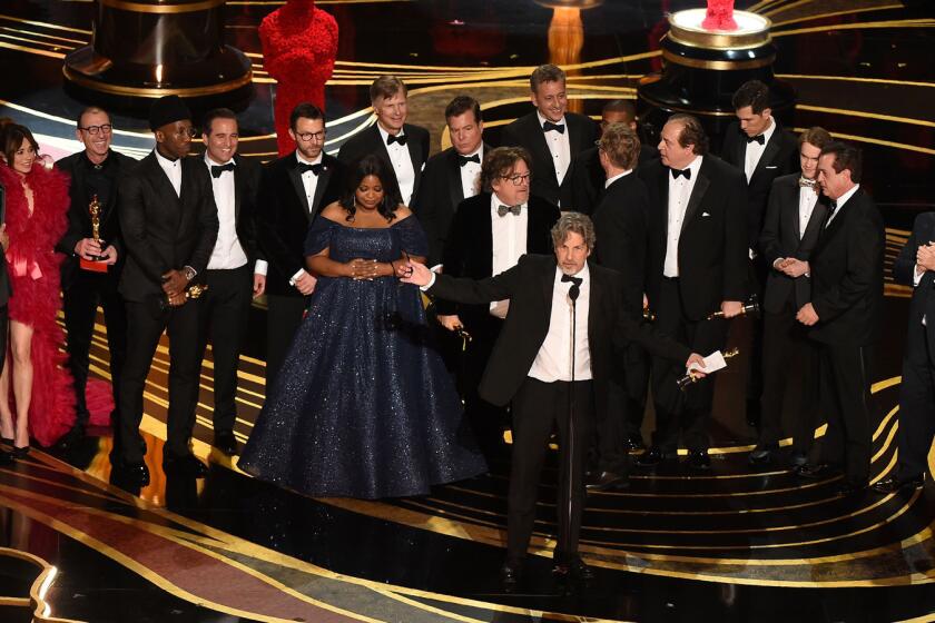 TOPSHOT - Producers of Best Picture nominee "Green Book" Peter Farrelly and Nick Vallelonga accepts the award for Best Picture with the whole crew on stage during the 91st Annual Academy Awards at the Dolby Theatre in Hollywood, California on February 24, 2019. (Photo by VALERIE MACON / AFP)VALERIE MACON/AFP/Getty Images ** OUTS - ELSENT, FPG, CM - OUTS * NM, PH, VA if sourced by CT, LA or MoD **