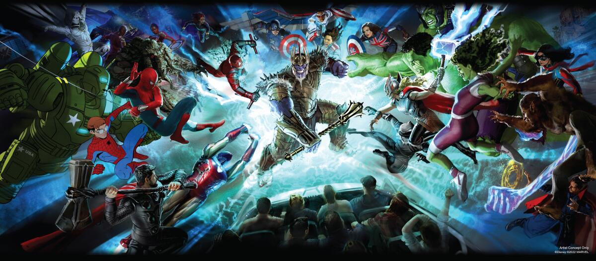 Early concept art for the Avengers-themed ride coming to Disney California Adventure.