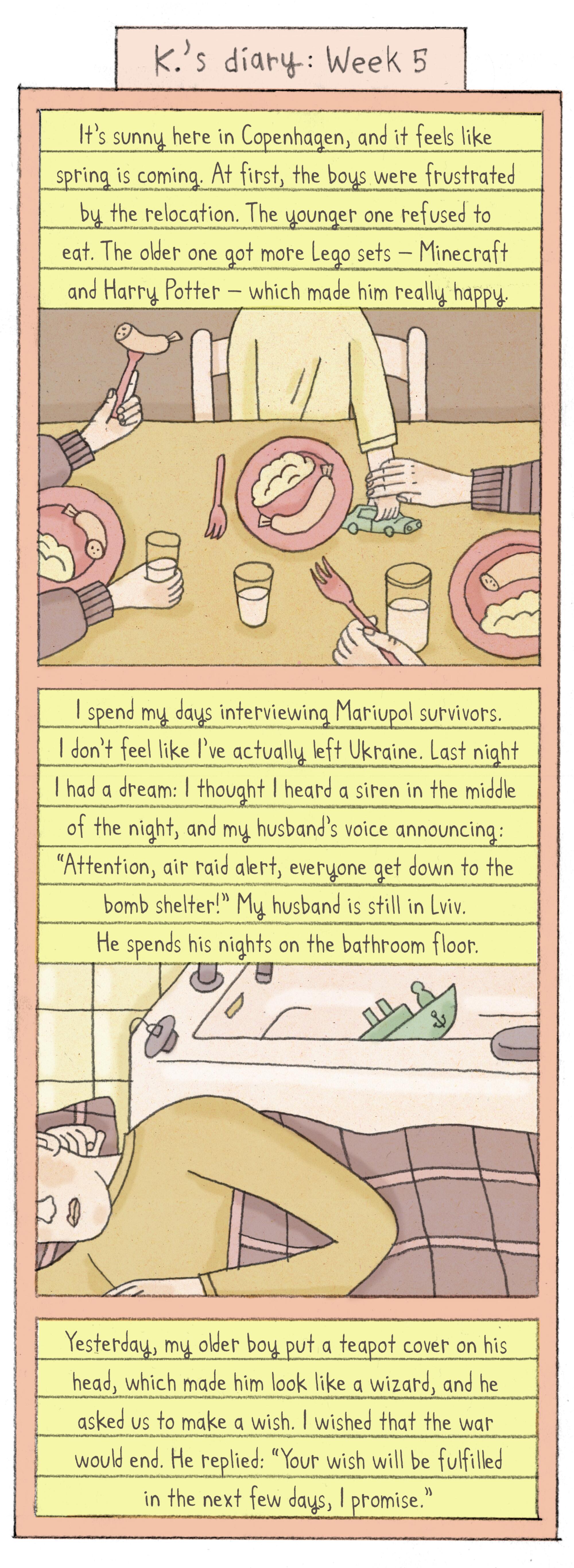 comic depicts a family eating dinner, lower panel shows the husband sleeping on bathroom floor.