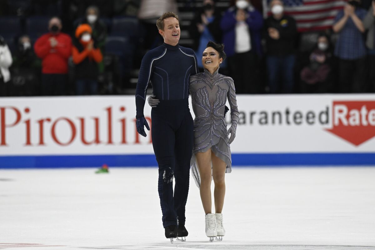 Madison Chock and Evan Bates compete in the ice dance program during the U.S. Figure Skating Championships.