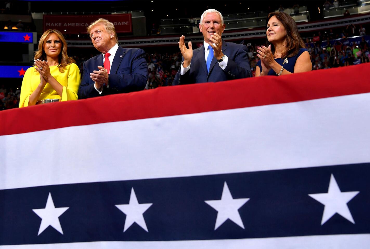 First Lady Melania Trump, from left, President Trump, Vice President Mike Pence and Karen Pence at the launch of the Trump 2020 campaign at the Amway Center in Orlando, Fla., on Tuesday.
