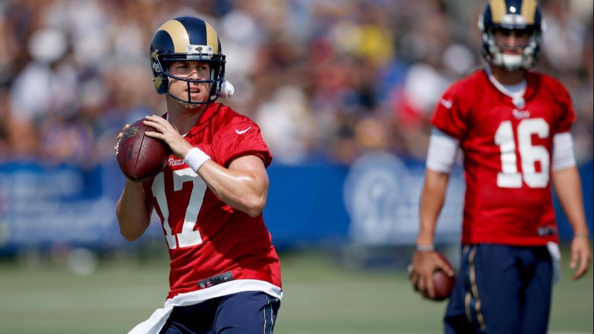 Rams quarterback Case Keenum looks to pass during a training camp practice on July 30.