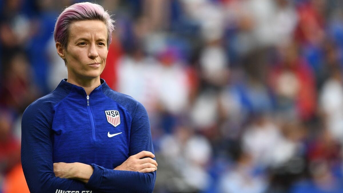 U.S. forward Megan Rapinoe looks on prior to the Women's World Cup semifinal match against England on July 2 in Lyon, France.