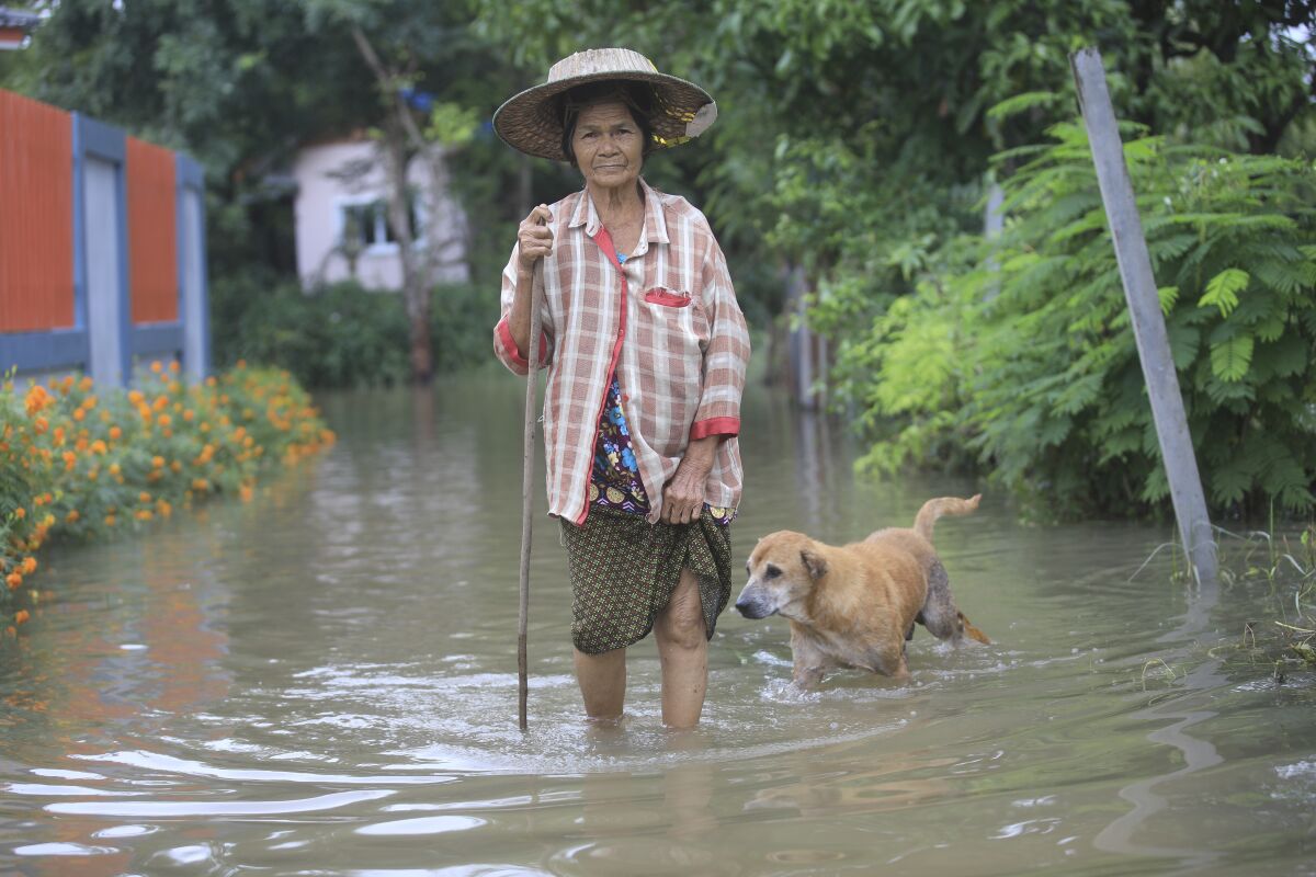 A woman wades through floodwaters in Nakhon Rachasima province, northeastern of Bangkok, Thailand, Monday, Oct. 18, 2021. Heavy rains in central and northeastern Thailand have caused fresh flooding, causing authorities to release water into one already swollen river after a reservoir reached its capacity, and others facing the same possibility. (AP Photo/Apimook Svanperthan)