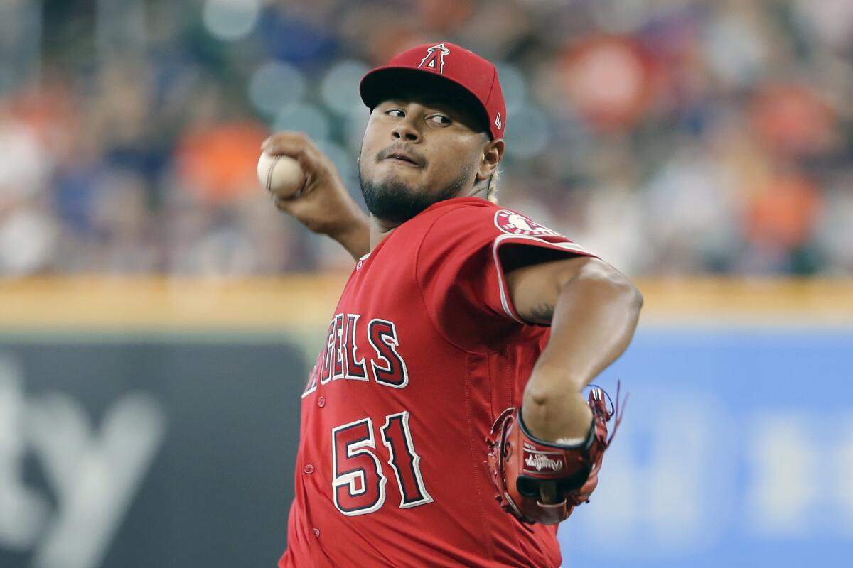 Angels starting pitcher Jaime Barria throws against the Houston Astros on Sunday.