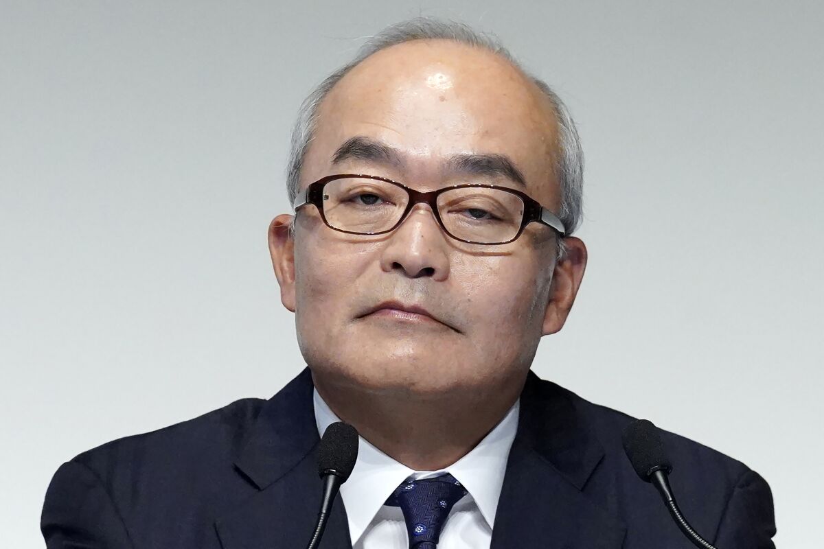 Hiroki Totoki, the Chief Financial Officer, will become the president and COO, Sony Corp.speaks during a press conference Thursday, Feb. 2, 2023, in Tokyo. Totoki will become the president and chief operating officer, of Sony Corp. said in a statement. (AP Photo/Eugene Hoshiko)