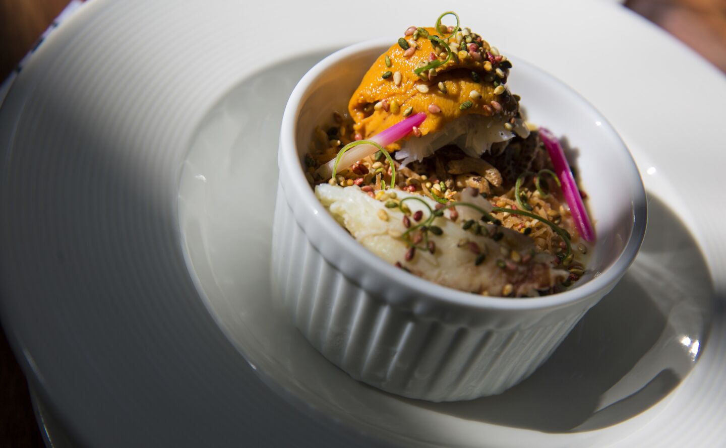 Dungeness crab chawan mushi with uni, ginger sprout and Japanese sesame at Michael's in Santa Monica.