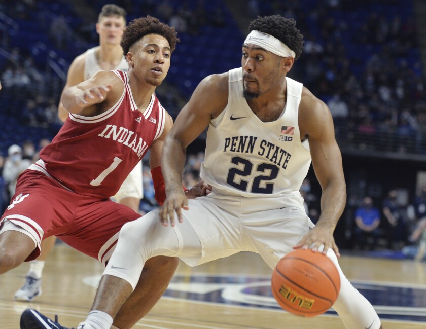 Penn State's Jalen Pickett (22) moves to the basket on Indiana's Jalen Pickett (22) during an NCAA college basketball game Sunday Jan 2, 2022, in State College, Pa. (AP Photo/Gary M. Baranec)