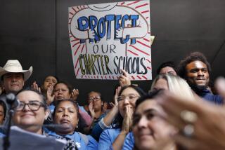LOS ANGELES-CA-SEPTEMBER 19, 2023: Charter school parents, educators and supporters gather for a rally outside of Los Angeles Unified School District Headquarters in downtown Los Angeles on Tuesday, September 19, 2023. The rally takes place during a meeting of the Board of Education, where a resolution put forward by Los Angeles Unified School District Board President Jackie Goldberg and Member Rocio Rivas, will be discussed, which could make more than 200 district campuses ineligible to share space with charter public schools, a practice employed by the LAUSD commonly known as co-location. (Christina House / Los Angeles Times)