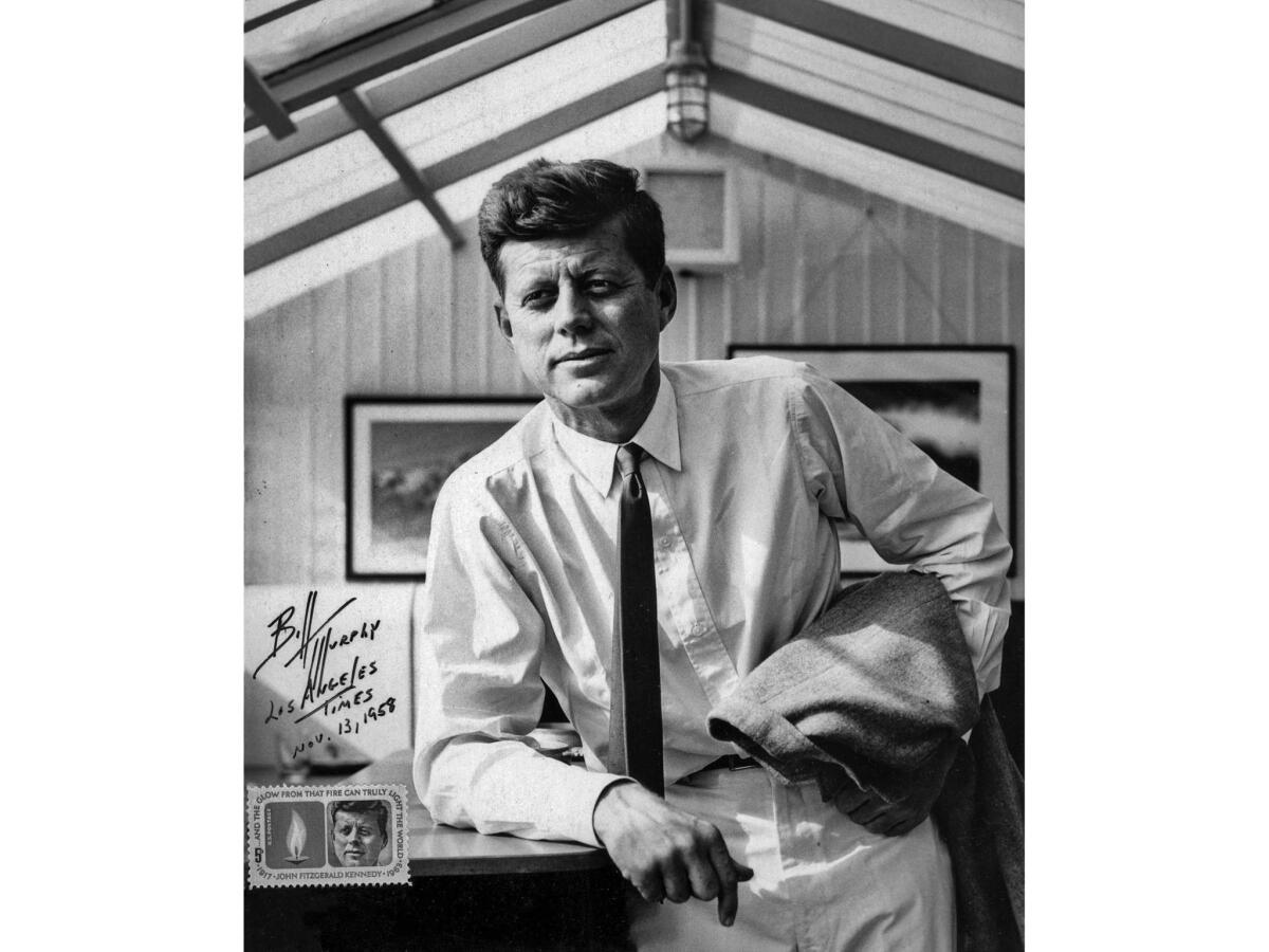 Portrait of then-Sen. John Kennedy, taken on Nov. 13, 1958, during an informal news conference at actor's Peter Lawford's home in Santa Monica. Lawford was Kennedy's brother-in-law. The photo was the basis for a 1964 U.S. postage stamp.