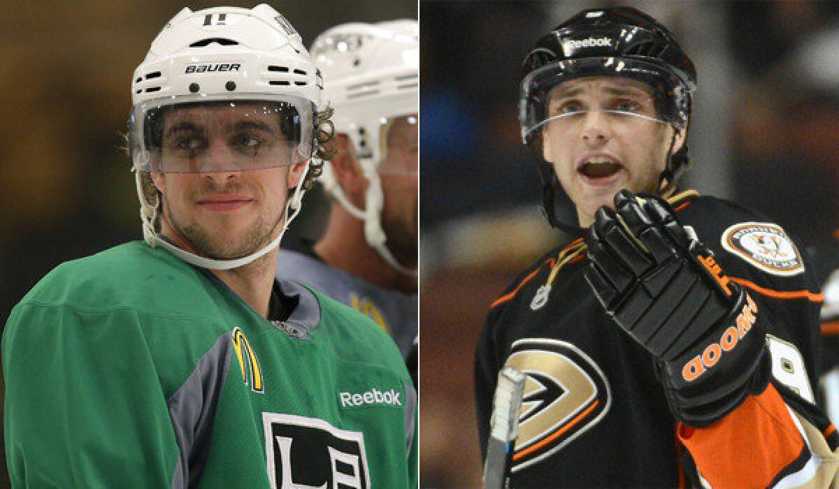 Kings forward Anze Kopitar, left, and Ducks forward Bobby Ryan played on the same line for a second-division Swedish team during the recent NHL lockout.