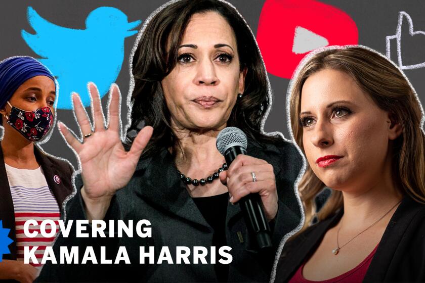Image of Vice President Kamala Harris, Rep. Ilhan Omar and former representative Katie Hill with social media icons.