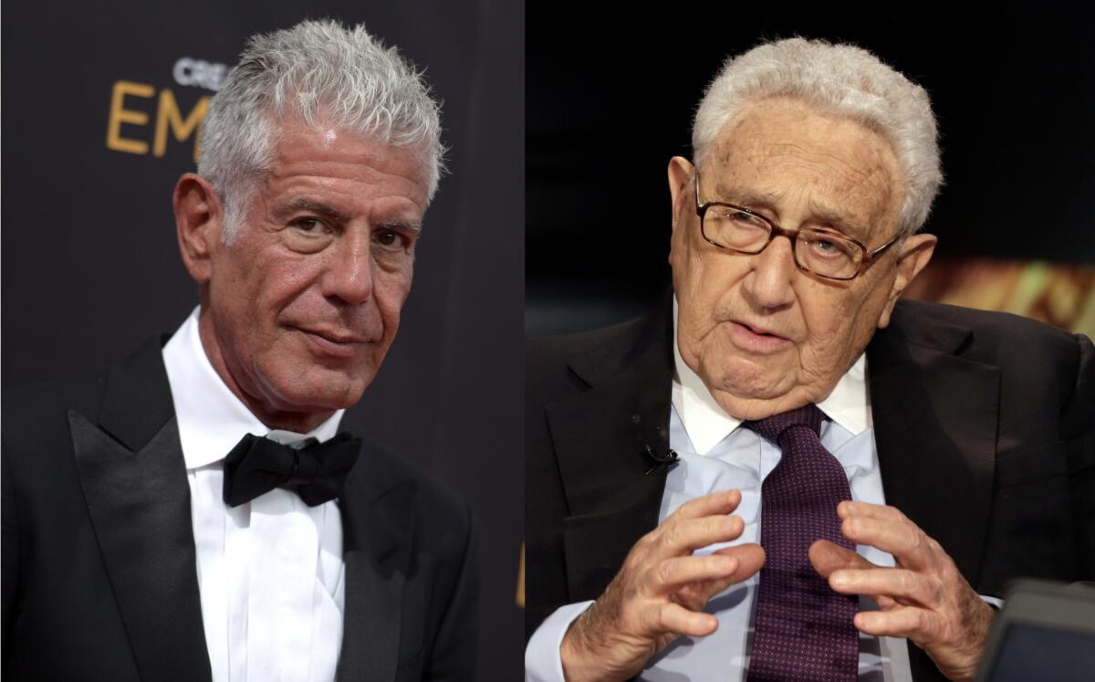 Two photos: Anthony Bourdain wears a tuxedo, Henry Kissinger in a suit and tie.