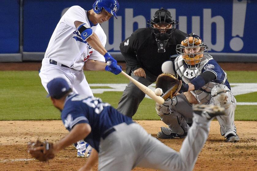 Dodgers outfielder Joc Pederson hits a solo home run off of San Diego Padres reliever Joaquin Benoit in the eighth inning. The Dodgers beat the Padres, 2-1.