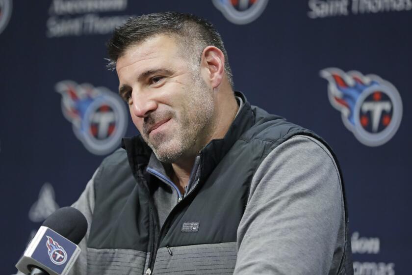 Tennessee Titans head coach Mike Vrabel listens to a question Monday, Jan. 20, 2020, in Nashville, Tenn. The Titans lost the AFC Championship NFL football game Sunday to the Kansas City Chiefs 35-24. (AP Photo/Mark Humphrey)