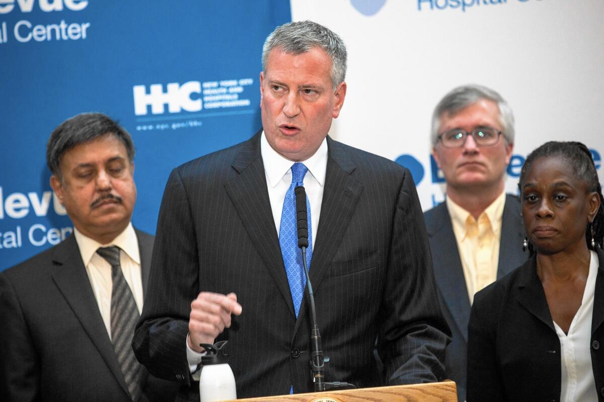 New York City Mayor Bill de Blasio speaks at a press conference at Bellvue Hospital regarding the ongoing situation with Dr. Craig Spencer, who is being treated in New York after contracting Ebola.