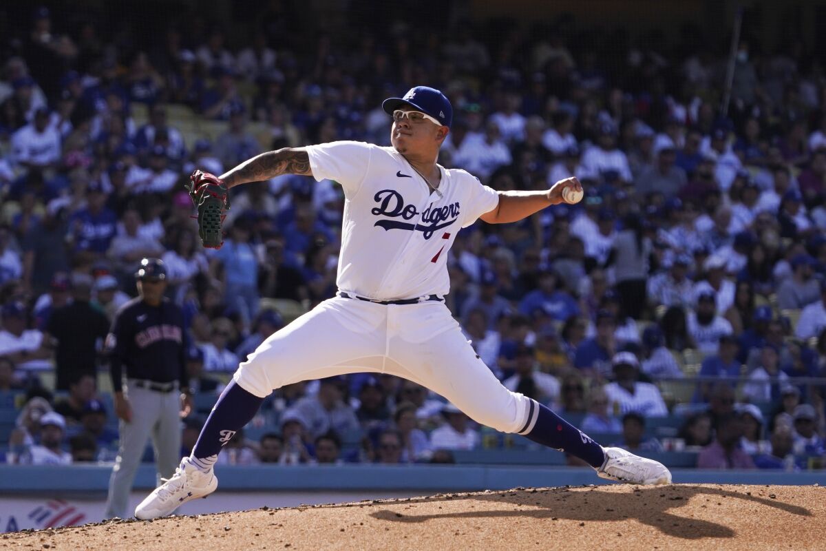 Dodgers starter Julio Urías throws to the plate during the third inning June 18, 2022.