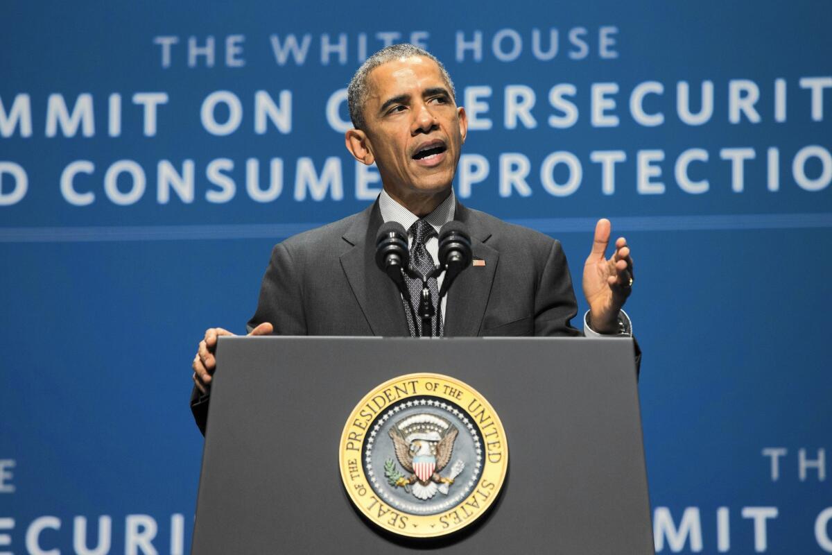 President Obama speaks during a cybersecurity summit at Stanford University in Palo Alto.