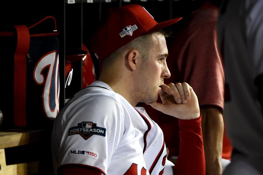 WASHINGTON, DC - OCTOBER 06: Pitcher Patrick Corbin #46 of the Washington Nationals looks on from the dug out after being taken out and giving up four runs in the sixth inning of Game 3 of the NLDS against the Los Angeles Dodgers to make it 3-2 at Nationals Park on October 06, 2019 in Washington, DC. (Photo by Will Newton/Getty Images)