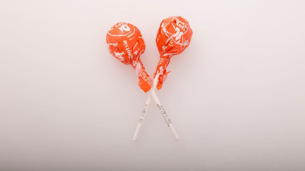 LOS ANGELES, CALIF. -- THURSDAY, JUNE 1, 2017: Detail of Tootsie Roll Pop candy at the Los Angeles Times studio in Los Angeles, Calif., on June 1, 2017. (Allen J. Schaben / Los Angeles Times)