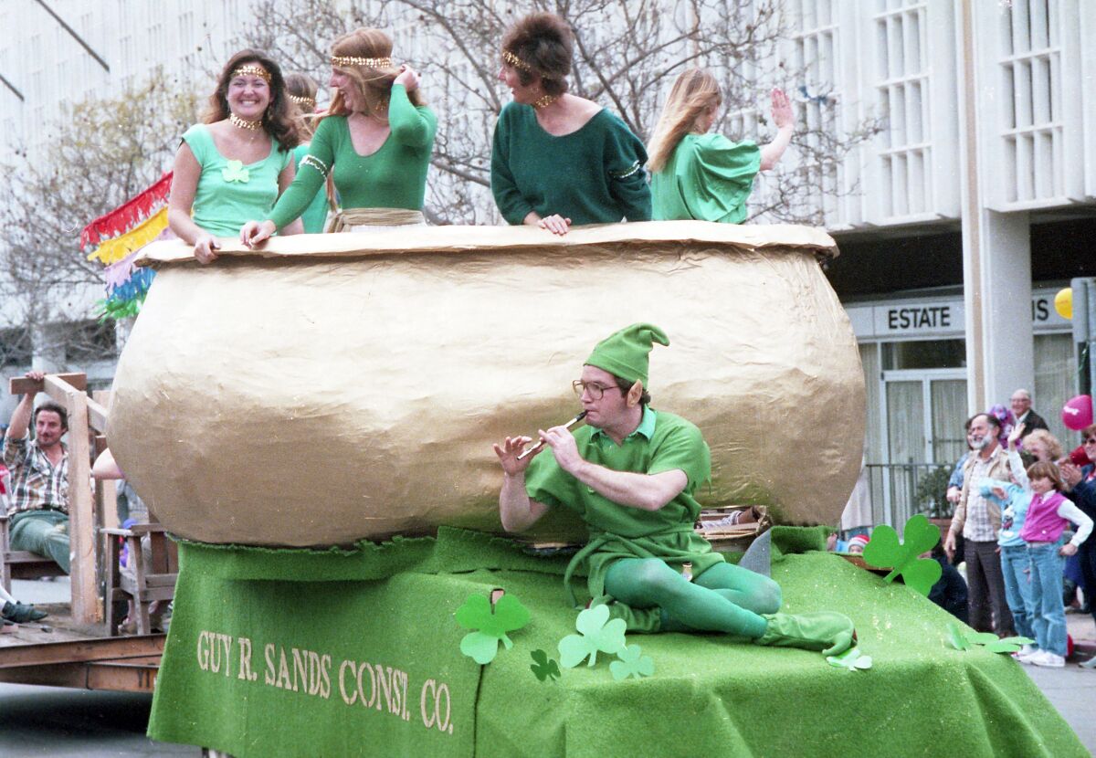 A "Pot of Gold" illustrates "The Luck of the Irish" in a float entered in the 1985 St. Patrick's Day Parade in San Diego.