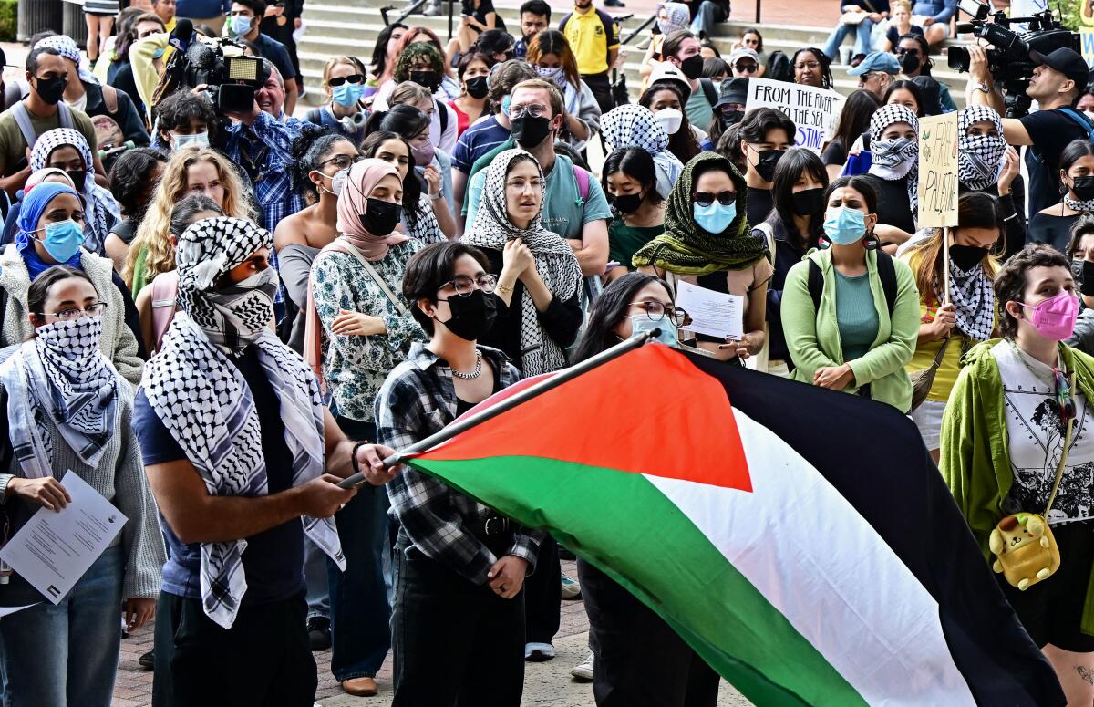 A crowd of protesters, with one waving a Palestinian flag