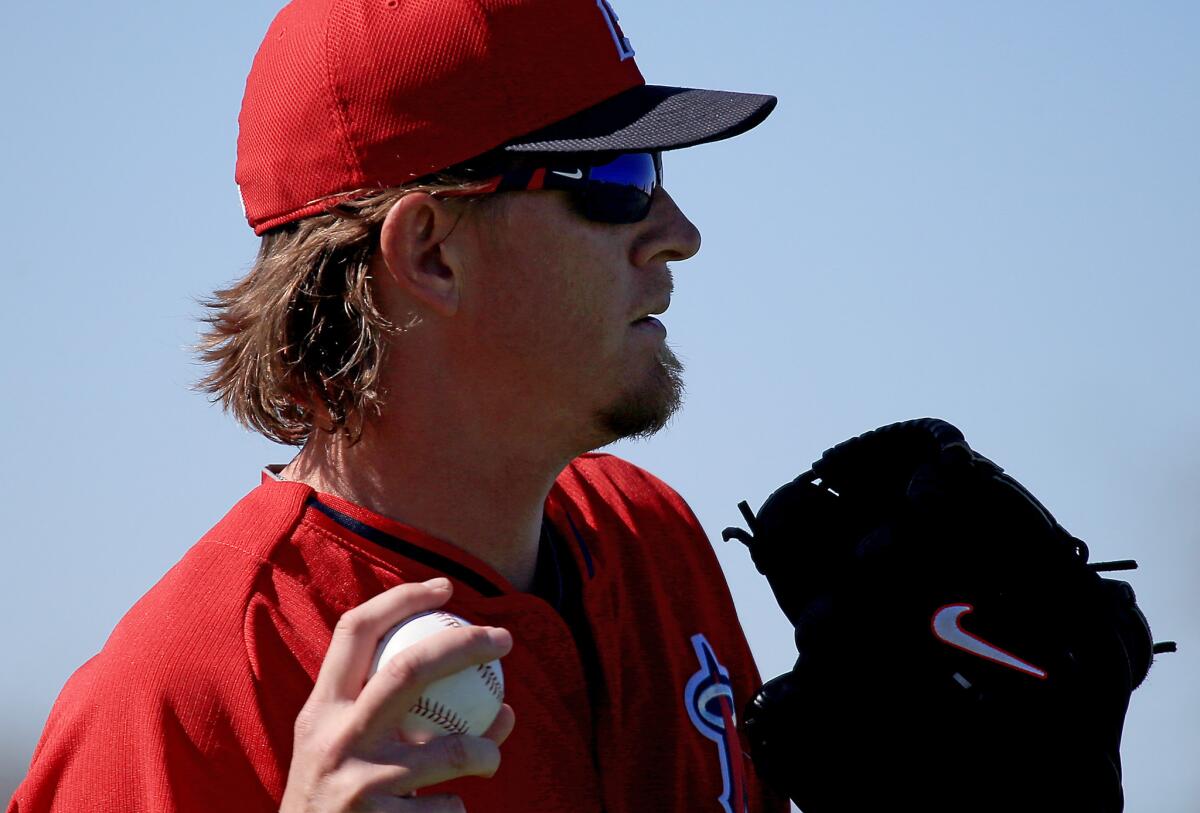 Angels pitcher Jered Weaver works out during spring training in Tempe, Ariz., on March 4.