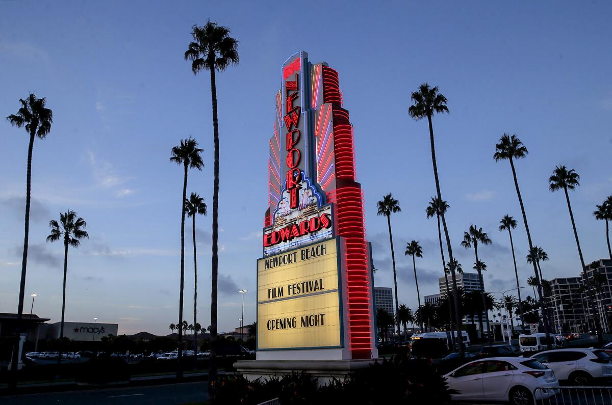 The Edwards Big Newport marquee lights up during the 2023 Newport Beach Film Festival opening night on Thursday.