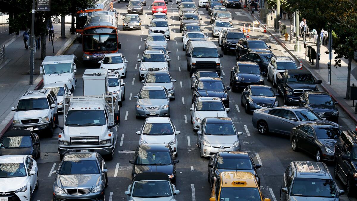 Traffic backs up on 5th Street in downtown Los Angeles.